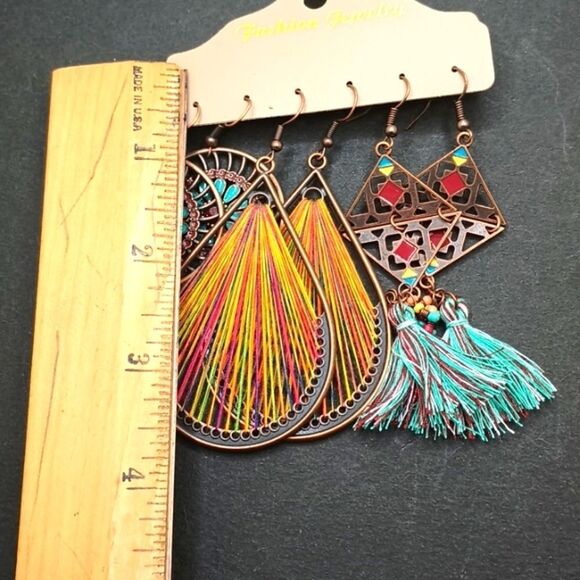 Bronze drop multicolor tassel earrings boho jewelry Rainbow String - Picture 3 of 4